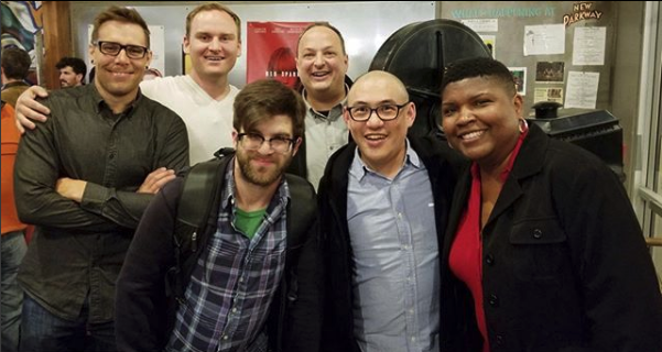 Back Row: Producer Ben Sinclair, director Tylor Norwood, host Paco Romane.
Front Row: Sup Doc producer Will Scoville, host George Chen and guest/comedian Karinda Dobbins.