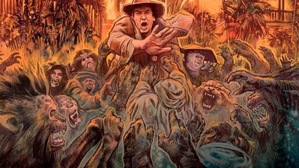imagery from the cover of Lost Soul from Severin Films. A man in a safari hat resembling Richard Stanley is surrounded by beast people and Marlon Brando from The Island of Dr. Moreau.